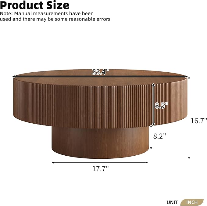Merax Modern 35.4 Inch Round Large Coffee Table with Sturdy Base, Wood Center Table with 6.8" Thick Tabletop for Living Room Reception Room, Easy Assemble, Walnut