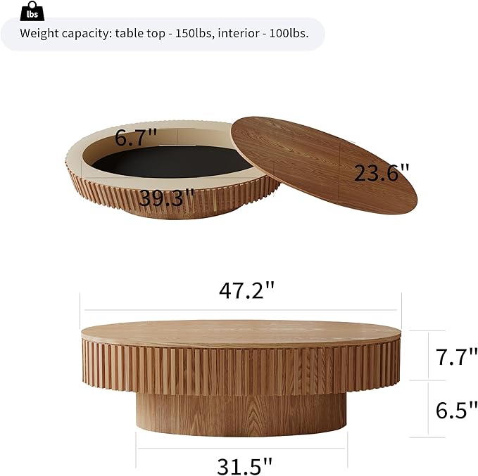 Oval Coffee Table with Storage for Living Room Fluted Pedestal Coffee Table Modern Handcrafted Centre Table for Apartment, Easy Assembly 47.2"x23.6", Oak