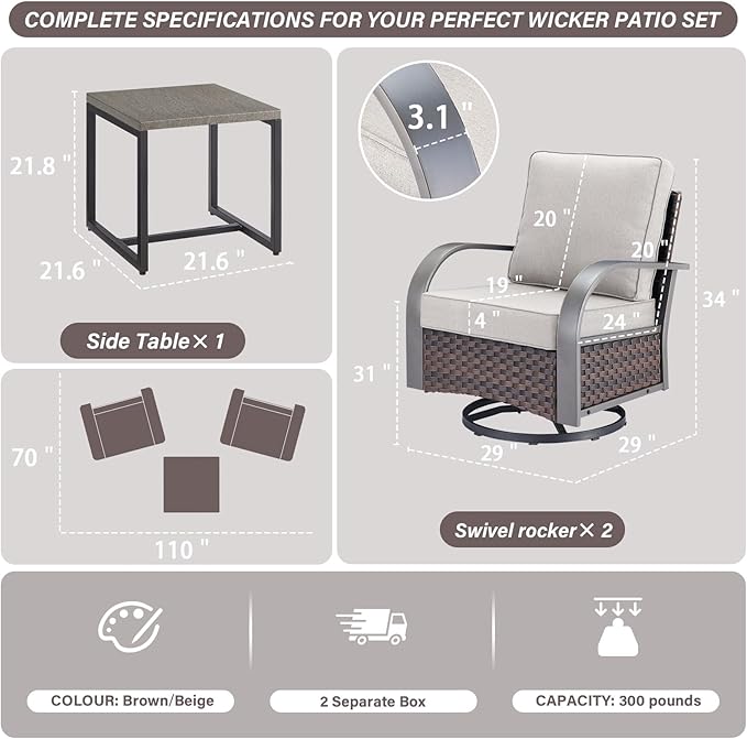 Belord Outdoor Swivel Rocker Patio Chairs Set of 2, 3 Piece Wicker Patio Bistro Set with Metals Side Table and Comfort High Back 4" Cushion Outdoor Patio Glider Chair for Balcony Deck Porch