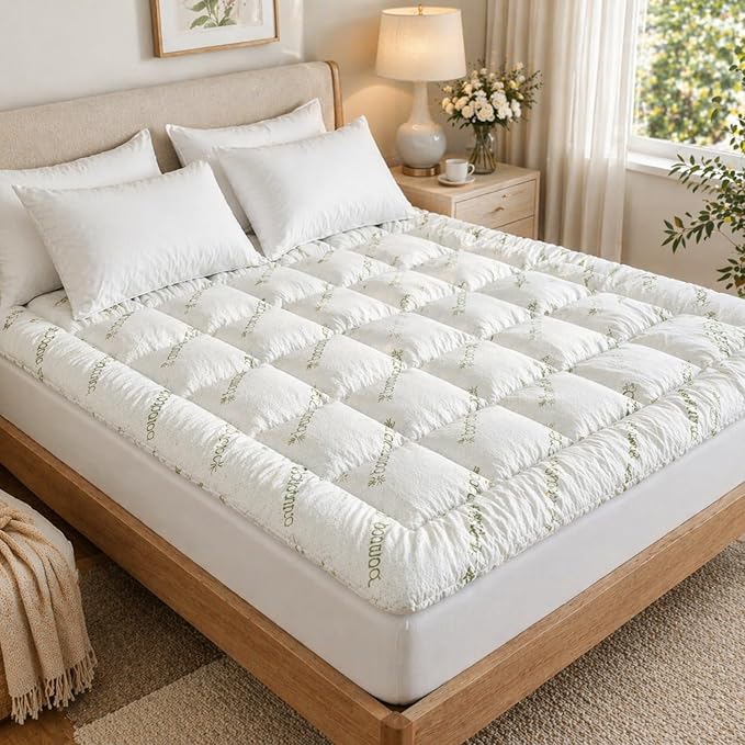Premium Quilted 1000GSM Luxury Extra Thick Mattress Topper, King Size Cooling Mattress Pad, Overfilled Plush, Cloud-Like Comfort, Breathable, 8-21" Deep Pocket (White - Bamboo Fabric, Full)