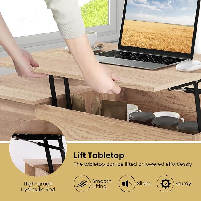Giantex Lift Top Coffee Table, Modern Cocktail Table with Hidden Compartment, Open Shelf & Cabinet, Wooden Flip Top Center Table, Pull up Coffee Table for Home Office, Living Room (Natural)