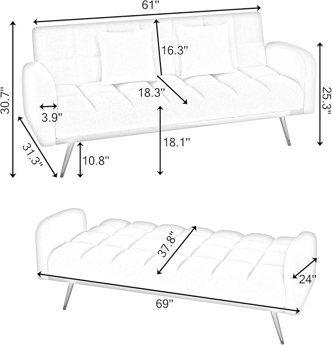 Convertible Futon Loveseat Couch Reversible Loveseat Folding Daybed Guest Bed, Tufted Teddy Fleece Upholstered Convertible Sleeper Sofa Bed with Golden Metal Legs and 2 Pillows for Living Room Office