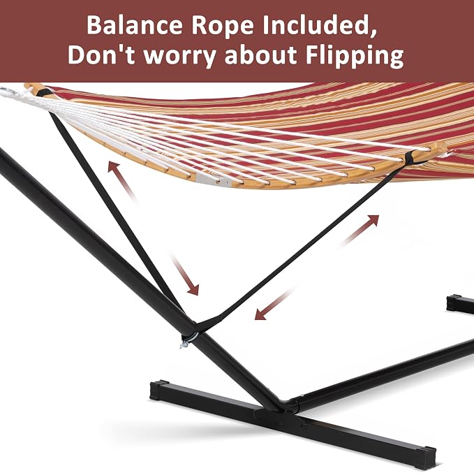 SUNCREAT Hammocks Portable Hammock with 12 ft Stand Included, Double Hammock with Curved Spreader Bar, Red Stripes - Image 7