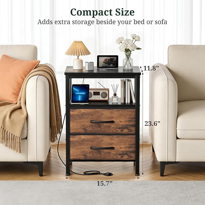Nightstand with Charging Station, Bedside Table with USB Ports & Outlets, Small Dresser End Table with 2 Fabric Drawer and Open Storage Shelf, Wooden Top for Bedroom, Black & Brown - Image 6