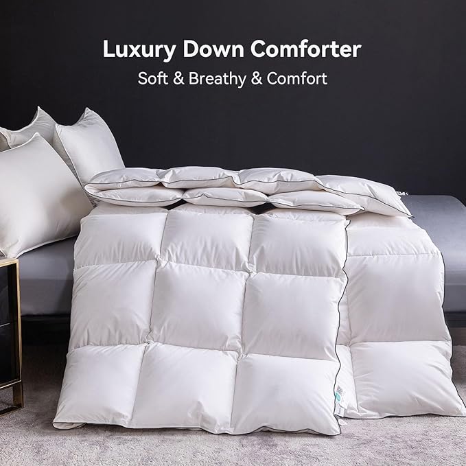 Ousidan Goose Feather Down Fiber Comforter Queen Size,100% Organic Cotton Duvet Insert,All-Season Luxury Duvet Insert with Baffle Box Design, 700+Fill Power Hotel Collection Bedding Comforter