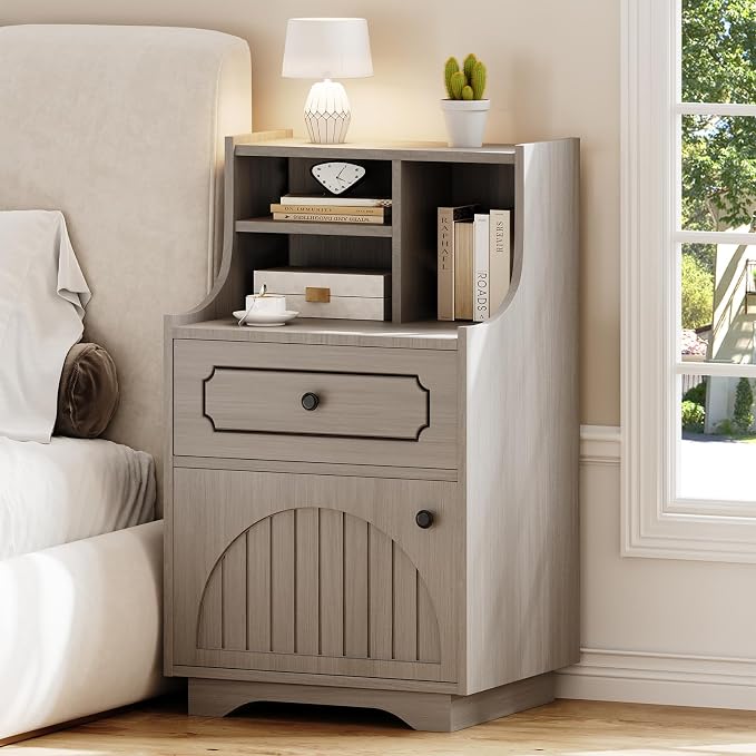 4ever2buy Farmhouse Nightstand Set of 2 with Hutch, 30 inch Tall Nightstands with Storage, End Tables Bedside Tables for Bedroom, Wash Grey by 4ever2buy