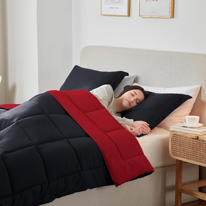 Nestl 3 Piece Quilted Down Alternative Comforter with 2 Pillow Shams, All Season Red/Black Duvet Inserts, Full Size with Corner Tabs