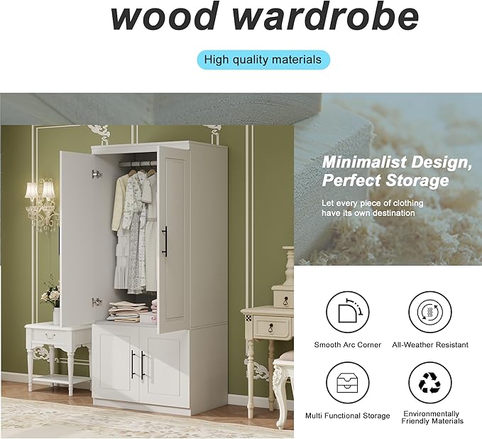 Armoire Wardrobe with Mirror, Bedroom Armoire Cabinet with Storage, Wood Closet with Hanging Rod (White - 52)