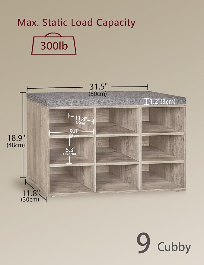 DINZI LVJ Shoe Bench, 9 Cubbies Shoe Organizer for Entryway, Storage Bench with Cushion, Cubby Shoe Rack with Adjustable Shelves for Living Room, Bedroom, Mudroom, Hallway, Greige - Image 3