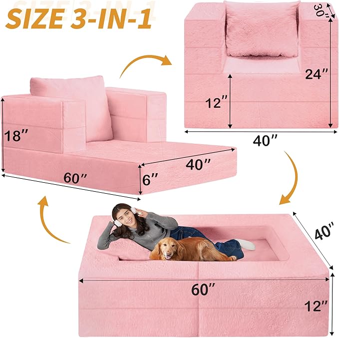 Futon Sofa Bed with Pillow, 3-in-1 Sleeper Sofa Bed with Removable Cover, Convertible Floor Sofa Bed, No Assembly Boneless Couch for Living Room, Bedroom