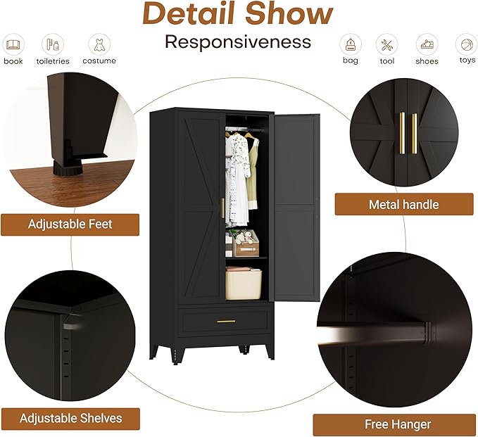 Metal Armoire Wardrobe Closet with 1 Drawer, 71" Wardrobe Cabinet with 1 Adjustable Shelf & 1 Hanging Rod for Bedroom, Black Metal Closet Storage Cabinet with 2 Doors & Drawers