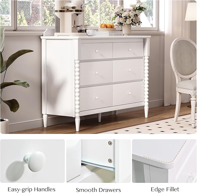 JOINICE 3 Piece Bedroom Set, Vintage 6 Drawer Dresser and Nightstand Sets for Bedroom, Night Stand Set 2 & Kids Dresser with Solid Wood Legs, Chest of Drawers Storage Cabinet Set, White - Image 5