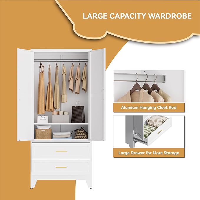 Metal Wardrobe Closet, Armoire Wardrobe with Two Drawers Clothes Cabinet for Bedroom, 71" Tall Farmhouse Steel Armoire Closet with Drawers and 2 Doors Clothing Storage Cabinet with Hanging Rod