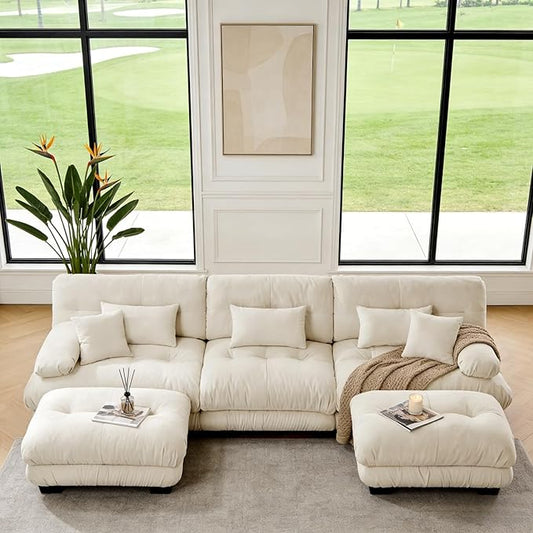 133.8" U-Shaped Cloud Couch, Oversized Modular Sectional Sofa, Deep Seat Cloud Boneless Couch, 3-Seat Modular Sectional Sofa with 2 Ottoman or Living Room,Bedroom and Apartment, Light Coffee