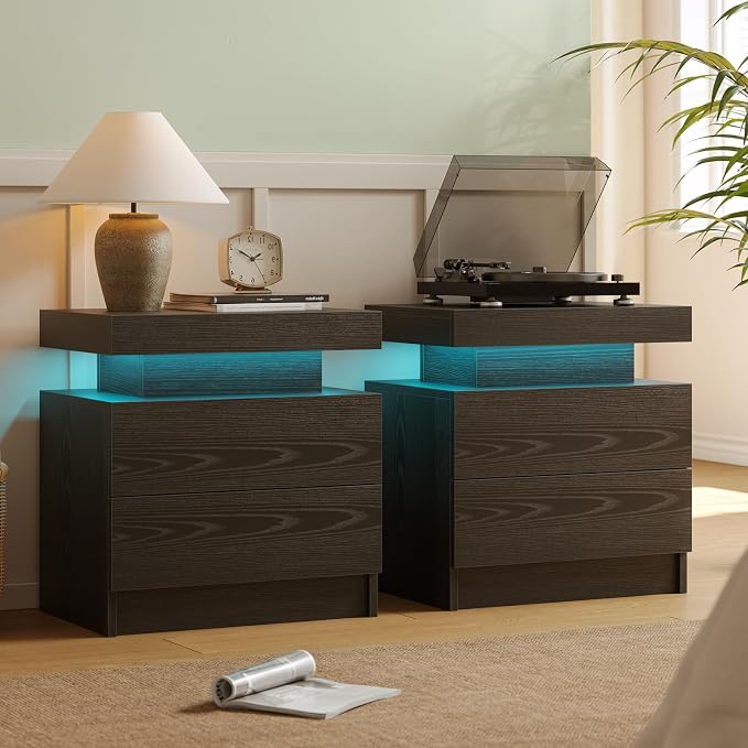 Cubehom Nightstands Set of 2, Bedside Tables with LED Lights, Night Stands with 2 Wood Drawers, End Tables Set of 2 for Living Room/Bedroom by Cubehom