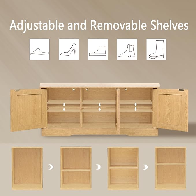 DINZI LVJ Shoe Bench, Entryway Storage Bench with Doors, Cushion, 2-Tier Shoe Rack with 6-Cubby, 39.4”L x 13.8”W Shoe Organizer Cabinet, Adjustable Shelf, Living Room, Bedroom, Natural - Image 4