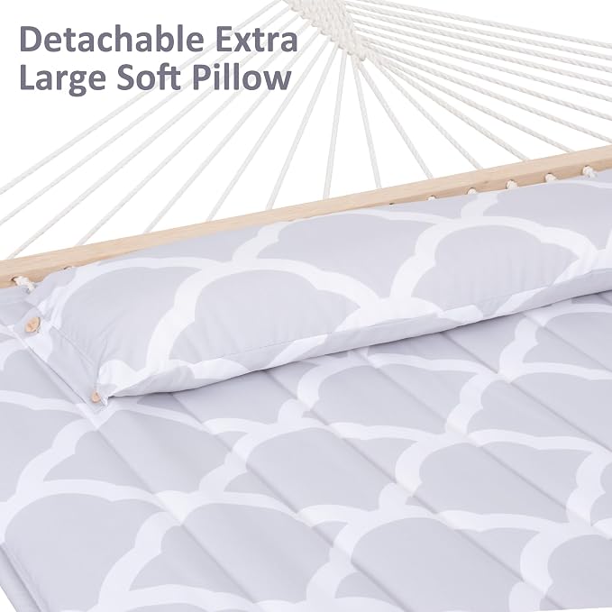 SUNCREAT Double Hammock, Extra Large Quilted Fabric Swing with Hardwood Spreader Bars & Detachable Pillow, Heavy Duty, Perfect for Indoor/Outdoor Patio, Deck, Yard, Gray Cloud - Image 4