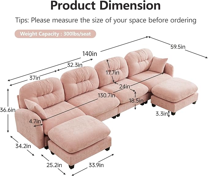 KEIKI 140" U-Shaped Oversized Chenille Modular Sectional Sofa with 2 Ottoman, High-Density Foam Cushions, Tufted Pleated Cushion Backrest, Modern 4-Seater Couch with 2 Pillow, for Living Room, Pink