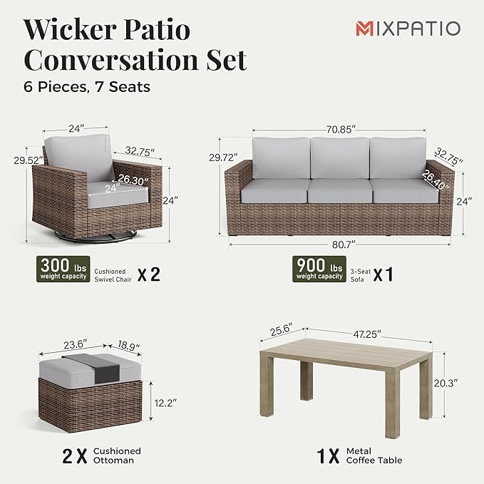 Patio Furniture Set, 6 Pieces Outdoor Furniture Sets, Wicker Conversation Set with Swivel Rocker Chairs, Ottomans and 47'' Coffe Table, High Back Conversation Set for Garden Pool Porch, Grey