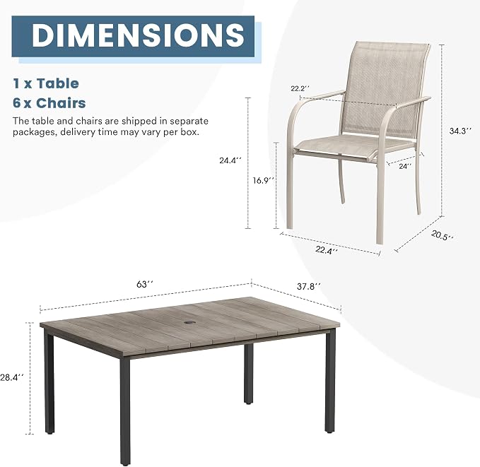DIFY 7 Pieces Outdoor Patio Dining Set for 6, 63" Grey Wood-Like Rectangle Metal Dining Table and 6 Sandshell Stackable Sling Dining Chairs, Outdoor Table and Chairs for Lawn Garden Backyard Deck - Image 7