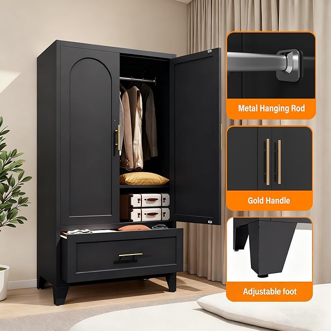 60" Metal Armoire Wardrobe Closet with 1 Drawer, Freestanding Arched 2-Door Tall Clothing Storage with Adjustable Shelves and Hanging Rod for Bedroom Dorm, Black