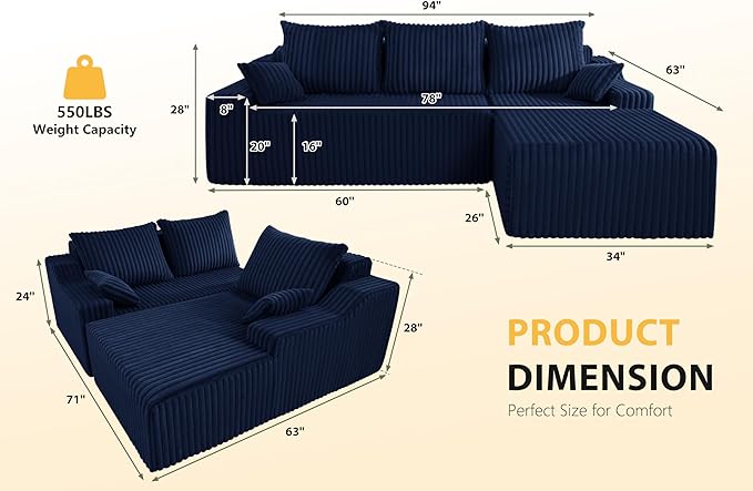 Homguava 94'' Cloud Sectional Couch, Modular L-Shape Couch with Chaise, Boneless Sofa with Deep Seat for Living Room Bedroom,No Assembly Required(Blue,Right Facing Chaise)