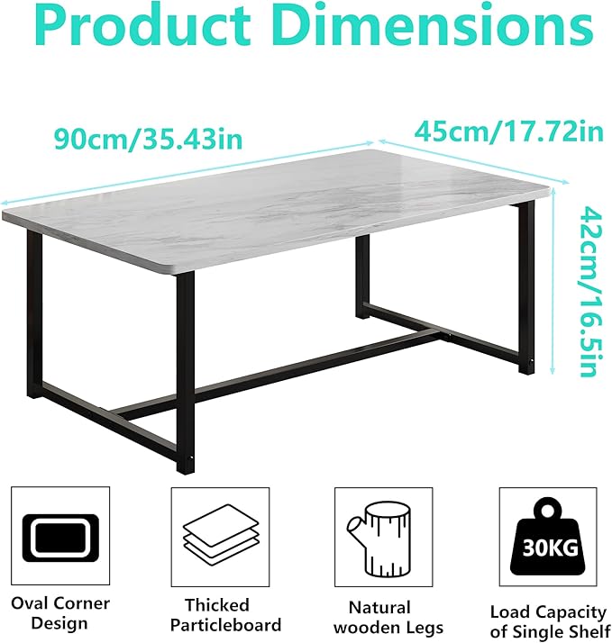 Coffee Table for Living Room, Modern Rectangular Center Coffee Tables for Small Space, Industrial Furniture, Sofa End Tables/Tea Table/Center Table, Couch Table with Metal Black White