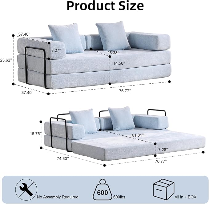 Convertible Floor Sofa Bed, Fold Out Floor Couch with Pillow Back & Armrest, Compressed Couch with Fixed-Shape Frame, Chenille Foldable Sleeper Sofa Bed for Living Room Bedroom, Light Blue