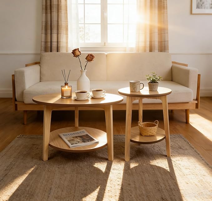 2-Tier Round Coffee Table Wood Nesting Side Table (Oak Coffee Table, 28x28x18)
