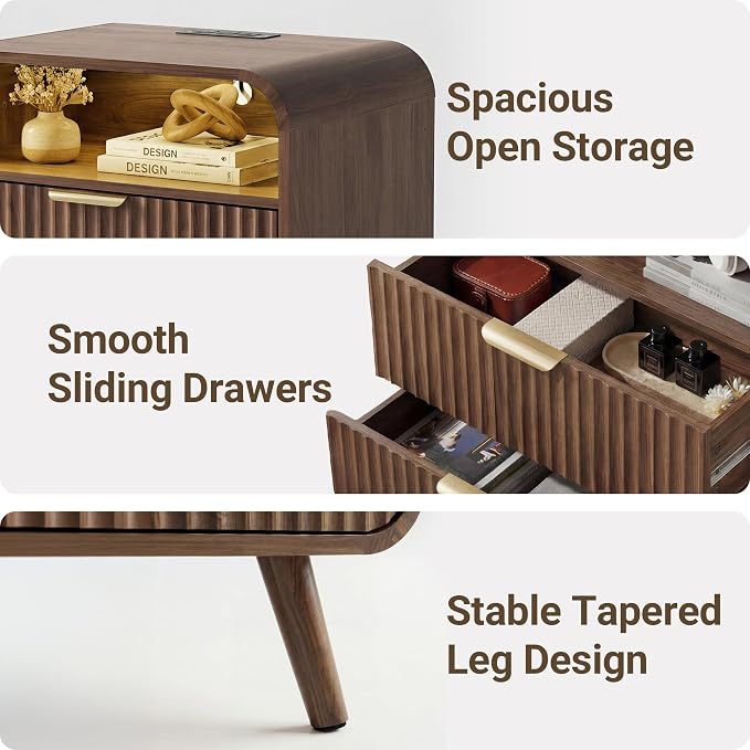 24" Curved Nightstand with Charging Station & LED Light,Modern Fluted End Table with 2 Drawers,Large Wooden Side Table with Open Shelf for Bedroom,Walnut,Set of 1 - Image 5