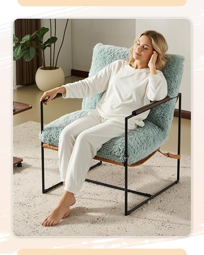 Karl home Modern Accent Chair Plush Fleece Upholstered Living Room Chair with Metal Frame Wooden Armrest Comfy Lounge Armchair for Living Room, Bedroom, Balcony, Reading Room, Teal