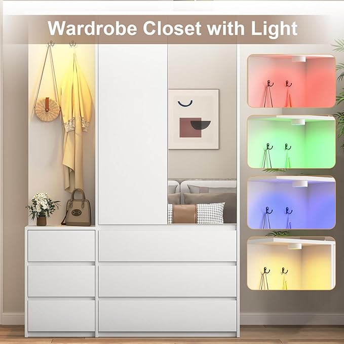 72'' Armoire Wardrobe Closet with Mirror and 6 Drawers,Bedroom Armoire Wardrobe Cabinet with Hanging Rod and Light,Wooden Bedroom Closet with 3 Storage Shelf (White)