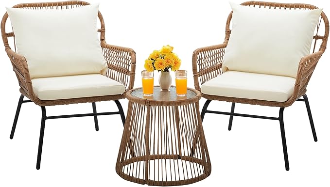 Bezseller 3-Piece Outdoor Patio Furniture Set - Modern Boho Furniture 20" Wide Seating w/ 2" Thick Cushions, 14.2" Seat Height - for Gardens, Balcony & Apartments