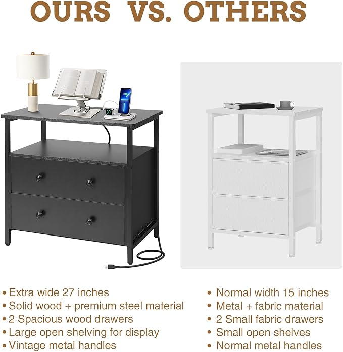 Edbuosy 27 inch Wide Night Stand Set 2 with Charging Station, Bedside Table with Open Shelf, 2 Drawers Small Wood Dresser, Modern Wood Nightstand for Bedroom/Living Room (Black) - Image 7