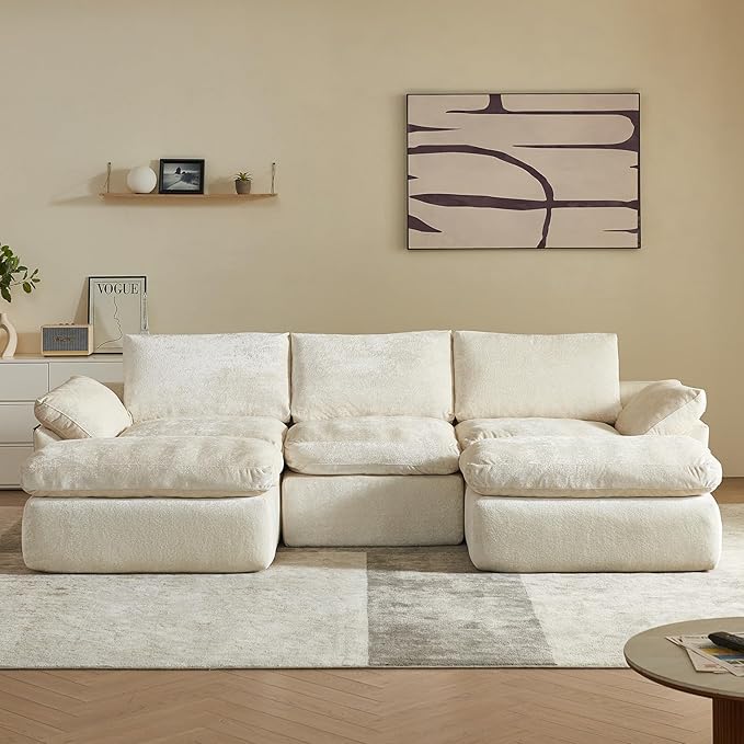 Vamcheer U Shaped Cloud Couch - Utra Soft Modular Sectional Sofa with 2 Movable Ottoman, Deep Seat Boneless Couches for Living Room, Bedroom, Office, No Assembly Required, Beige