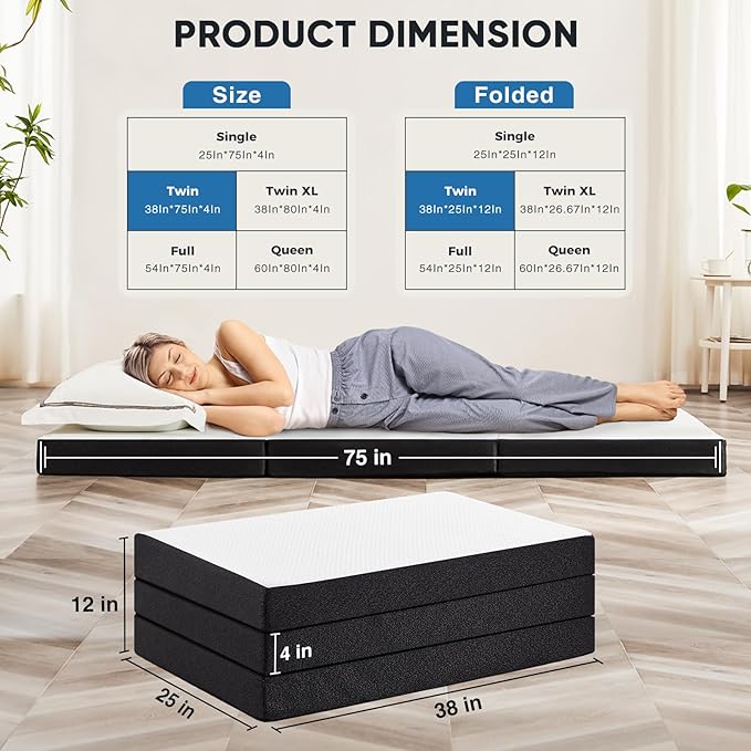 OLIXIS Tri-fold Memory Foam Mattress Topper - 4 Inch Twin Size Portable Floor Bed, Foldable Mat Adults, Collapsible and Washable Cover with CertiPUR-US Certified, for Travel & Camping & Yoga