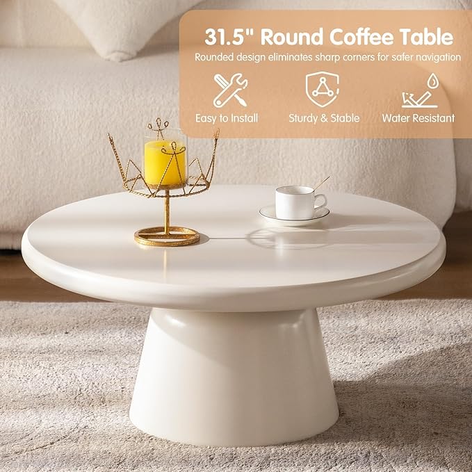 Cream White Nesting Coffee Table Set Triangle Coffee Tables and Round Tempered Glass Side Table 2 in 1 Modern Center Tables Low Tables Sets for Living Room, Bedroom Easy Assemble (Round 31.5")