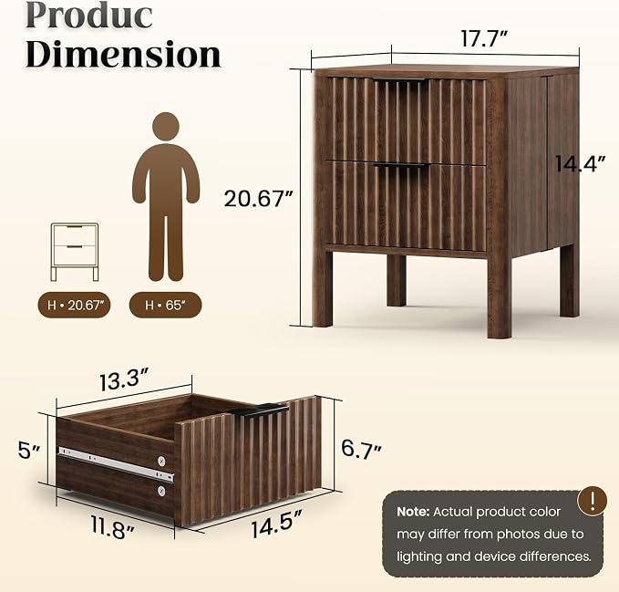 MODNEST 18" Fluted Nightstands Set of 2, Bed Side Tables with Drawers for Bedroom Mid Century Modern Night Stand Wood Nightstand Small End Table Bedroom Set, Walnut - Image 2