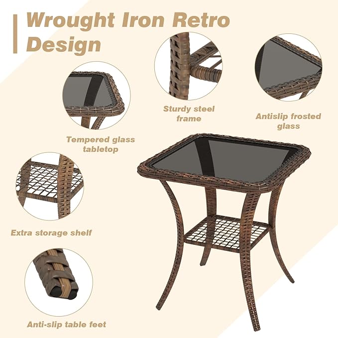 EROMMY 3 Pieces Patio Furniture Set, Outdoor Swivel Rocker Patio Chairs, Wicker Patio Bistro Set with Rocking Chair, Thickened Cushions and Glass Coffee Table for Backyard, Garden, Khaki