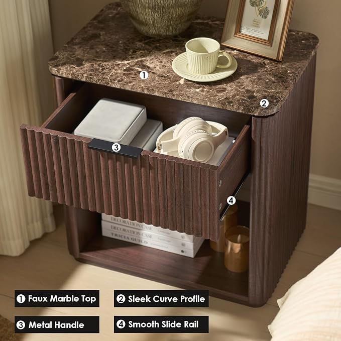 Fluted Nightstand Set of 2, 23" W Night Stand with Drawer, Wood Bed Side Table with Faux Marble-Top, Curved Corner, Metal Handle, Modern Bedside Table for Bedroom, Living Room, Office, Dark Oak - Image 5