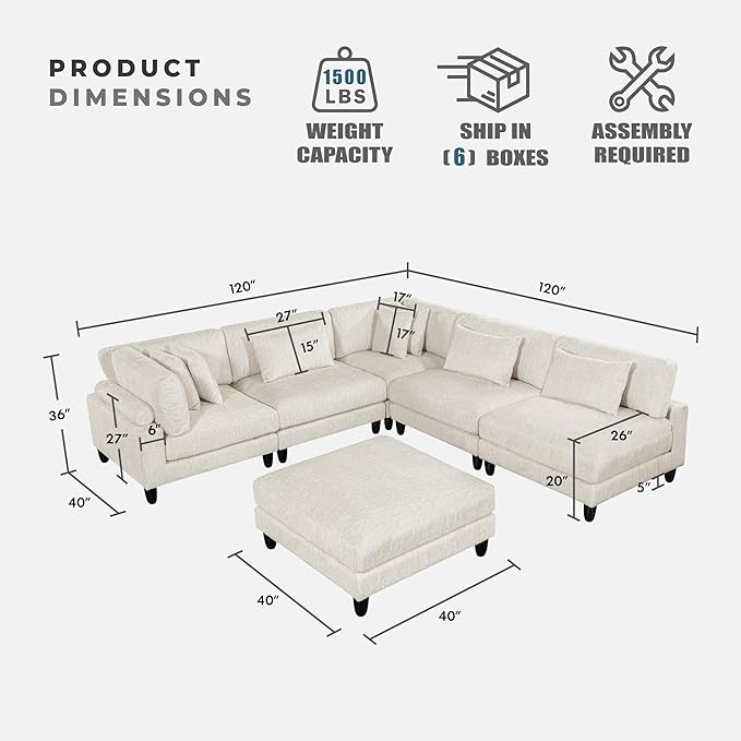 Lexicon 120 Inch Modular Sectional Sofa - Oversized 6 Seater Microfiber L Shaped Sectional Couch with Ottoman, 7 Accent Pillows, and Flexible Arrangement for Modern Living Rooms, Beige