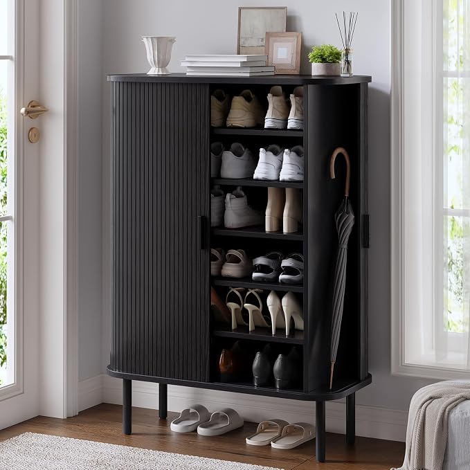 ONBRILL 6-Tier Shoe Cabinet with Sliding Door, Wooden Shoe Storage Cabinet with Adjustable Shelves, Mid-Century Modern Freestanding Shoe Storage Organizer for Entryway, Hallway, Living Room, Black by ONBRILL