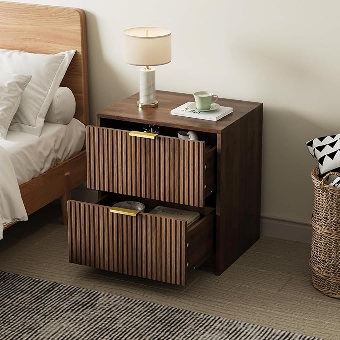MAISONARIA 3-Piece Dresser Bedroom Set, 6 Drawer Dresser & 2 Drawer Nightstands with Gold Handles, Fluted Wood Chest of Drawers for Bedroom, Living Room, Entryway, Walnut
