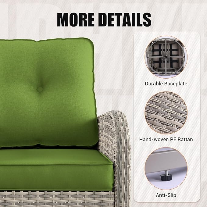 15-Piece Outdoor Patio Furniture Set with Rocking Swivel Chair Wicker Sectional Sofa Set, Patio Conversation Set with Thickened Cushions & Coffee Table for Garden, Backyard, Avocado Green