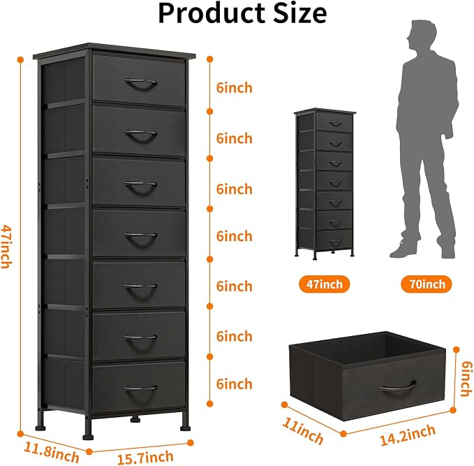 Fixwal Black Tall Skinny Dresser for Bedroom, Narrow Storage Dresser Organizer with 7 Fabric Drawers, Nightstand Furniture in Closet, Entryway, Hallway - Image 3
