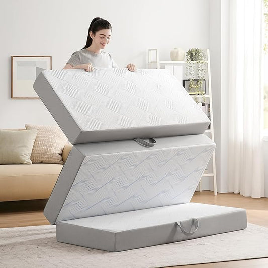Folding Mattress Single, 4 Inch Memory Foam Foldable Mattress Single, Trifold Mattress with Breathable & Washable Cover, Portable Mattress for Guest Bed, 75"x25"x4"