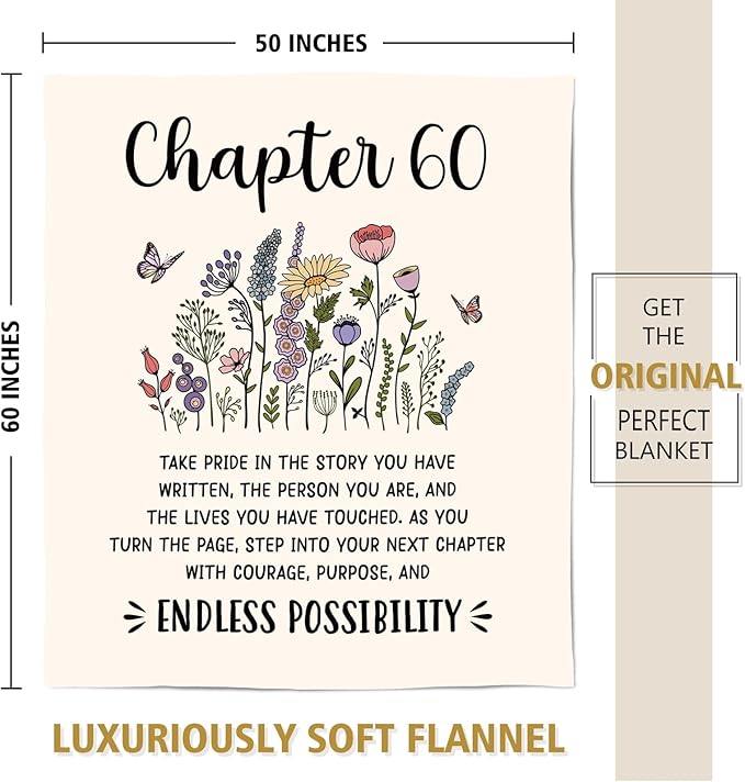 Afterprints 60th Birthday Gifts for Women, Chapter 60 Birthday Blanket, 60 Year Old Bday Gift for Woman, Friend, Sister, Mom, 1966, 60th Birthday Decorations, Turning 60 Throw Blankets 50'' x 60''