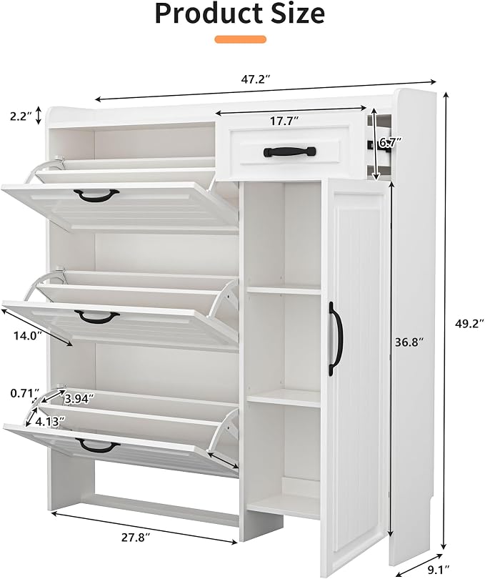 Shoe Cabinet for Entryway, Freestanding Shoe Storage Cabinet with 3 Flip Drawers and Side Cabinet, Narrow Shoe Rack Organizer with Adjustable Shelves, Modern Slim Hidden Shoe Cabinet, White - Image 2