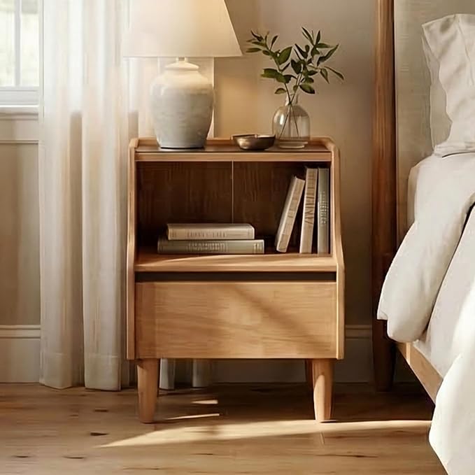 YESWOOD 100% Solid Wood Nightstand, Natural Oak Nightstands with Drawer Open Storage, Modern Night Stand with Glass Tabletop, Wooden Bedside Table for Bedroom, Side Table Living Room(23.62" H) - Image 6