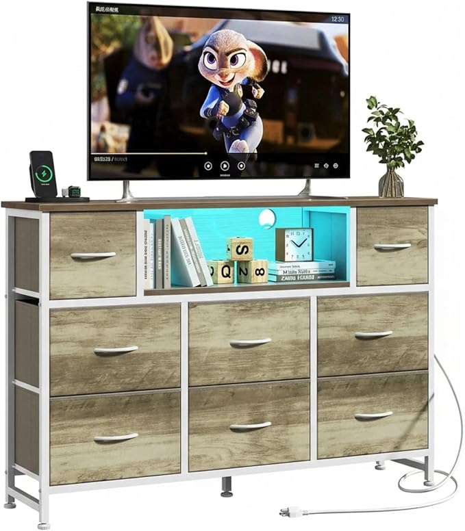 Simple Deluxe TV Stand Dresser with 8 Fabric Drawers and Open Shelves, Entertainment Center with LED Lights & Charging Station, Wood Top for 45" -55" TV, for Bedroom/Living Room/Hallway, Oak